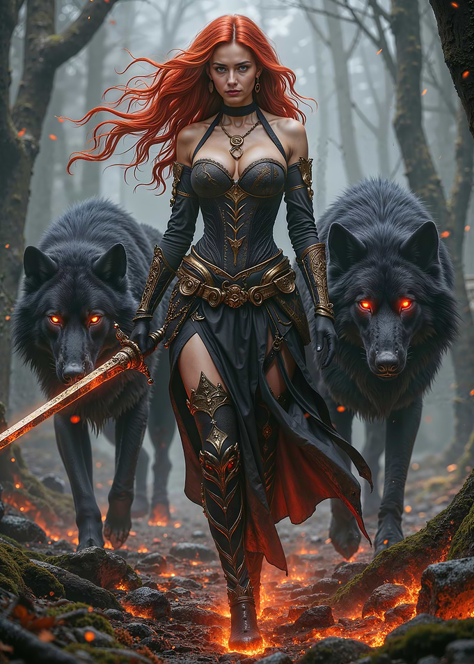 Warrior woman with wolves in forest