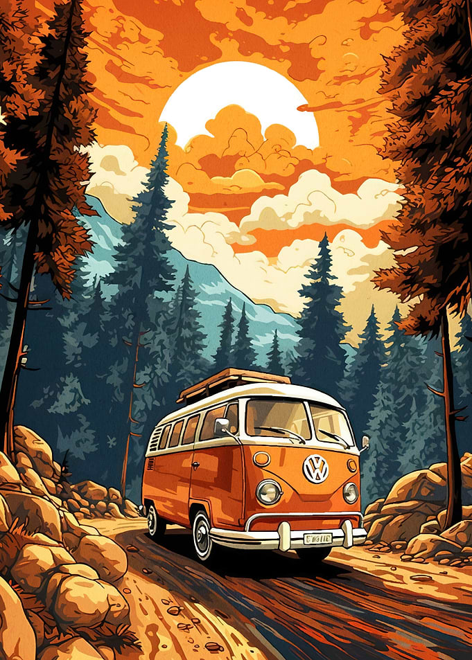 Orange VW Bus Forest Landscape