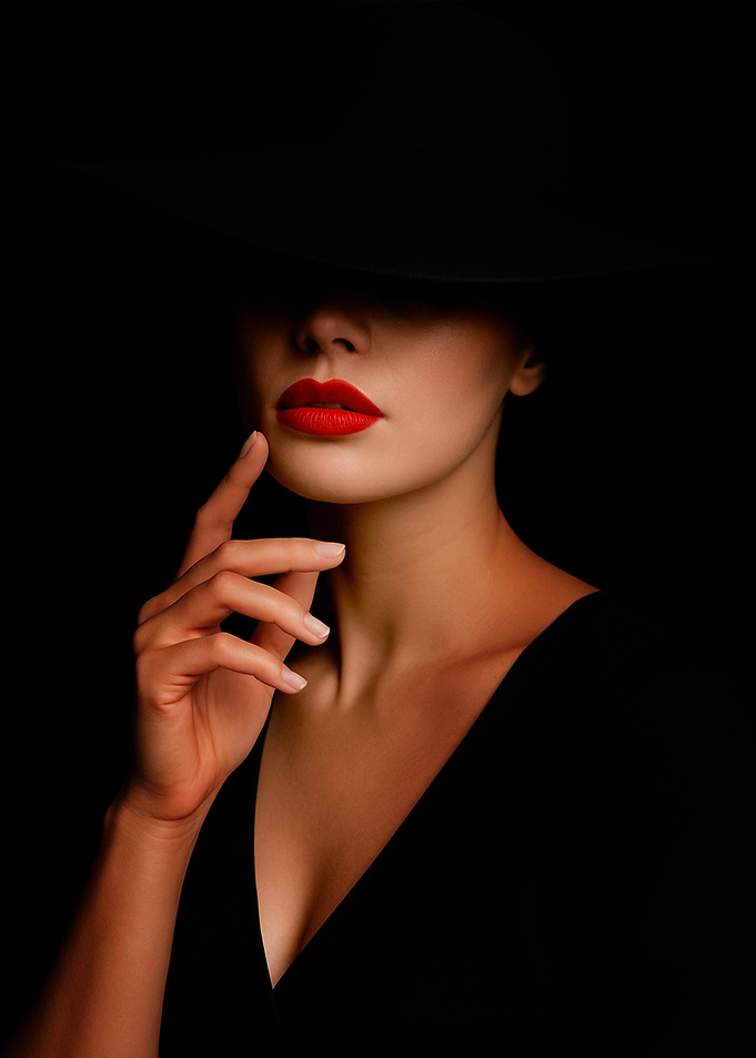 Woman in Hat with Red Lips