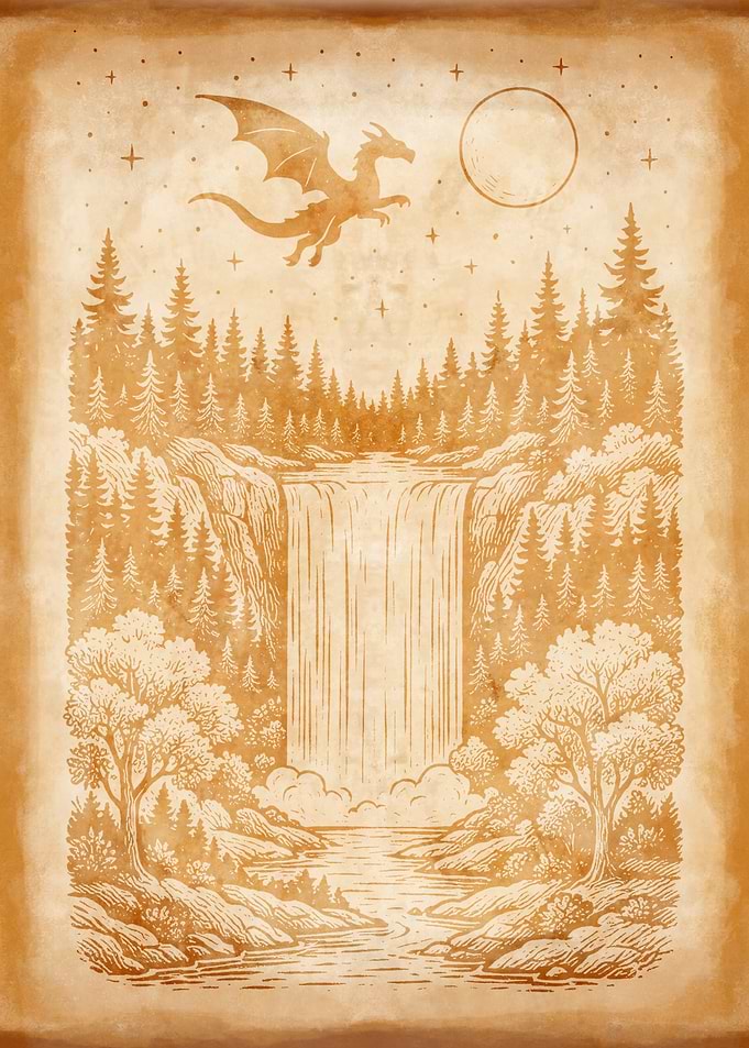 Fantasy Realms Parchment: Waterfall and Dragon