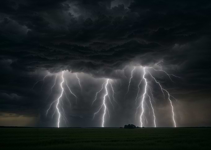 Dramatic Lightning Storm Over Green Field