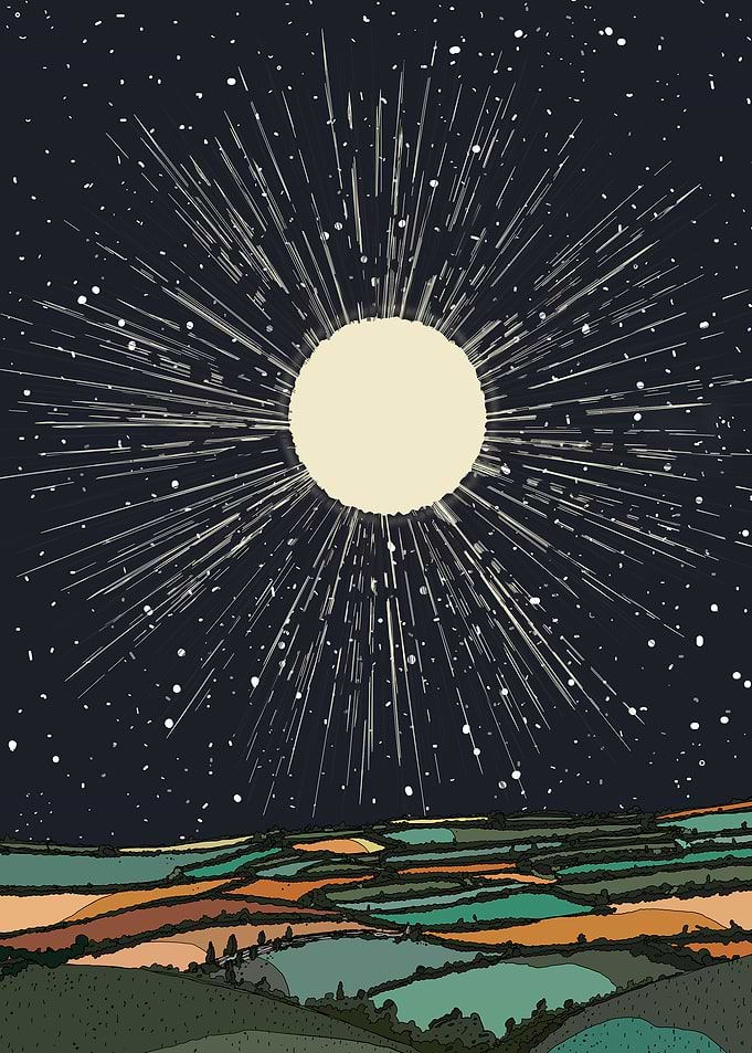 Starry Night Landscape with Radiant Light