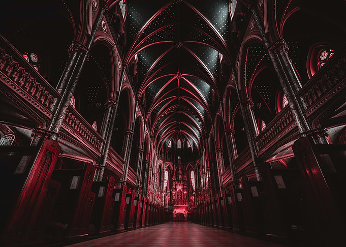 gothic church interior with red lighting
