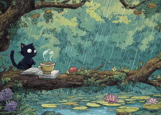 Rainy Day Cat with Coffee