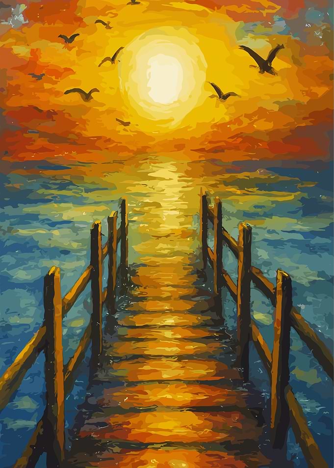Sunset Pier Painting with Birds
