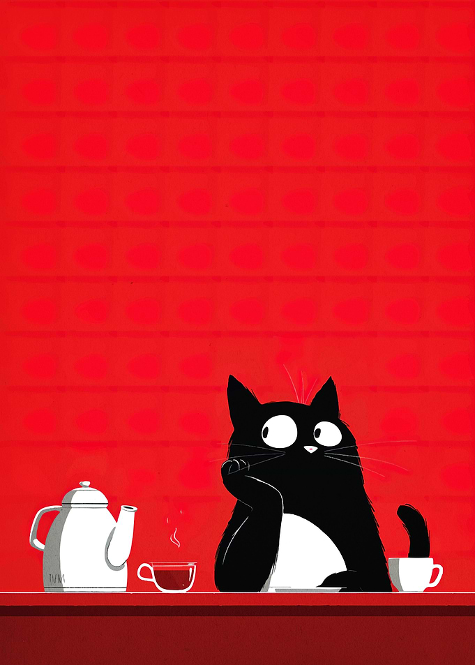Pensive Cat with Tea