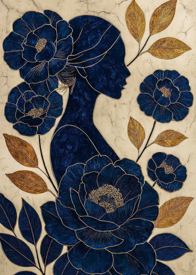 Blue Floral Woman Silhouette Art