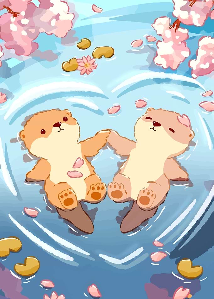 Cute Otters Floating in Water with Flowers
