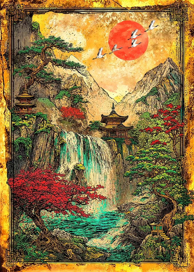 Crimson Sun Sanctuary Retro Art