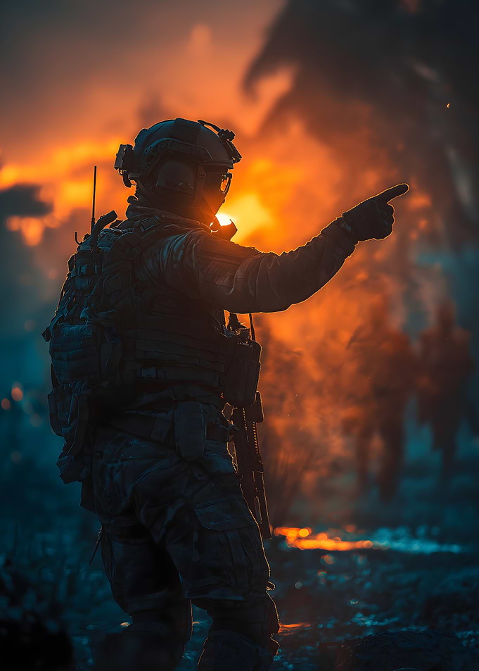 Soldier Pointing in Fiery Battlefield