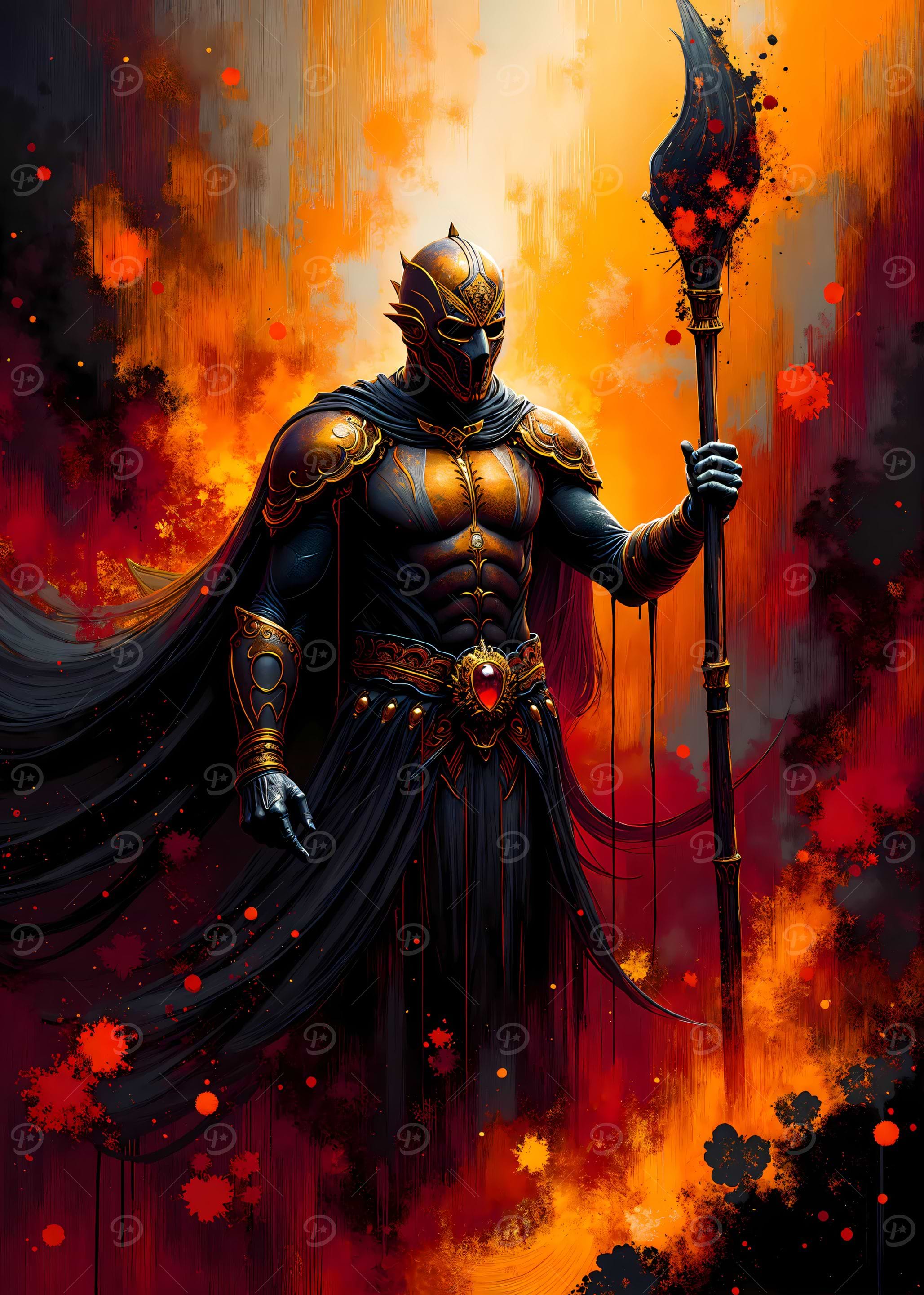 Armored Warrior with Staff in Fiery Realm