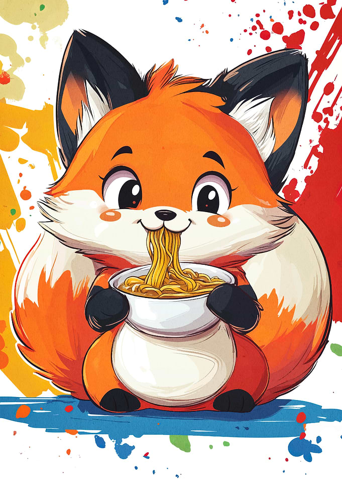 Cartoon Fox Eating Noodles Illustration