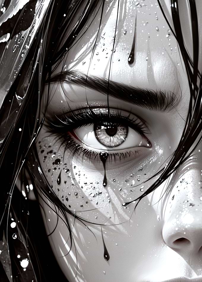 Monochrome Portrait with Tears and Rain