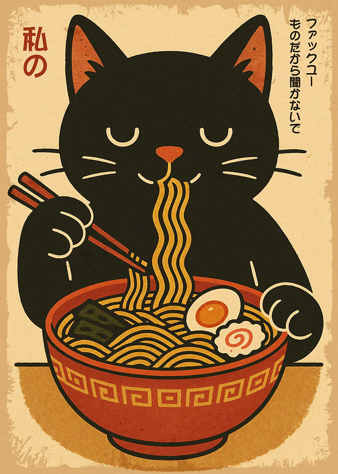 Black Cat Eating Ramen Illustration