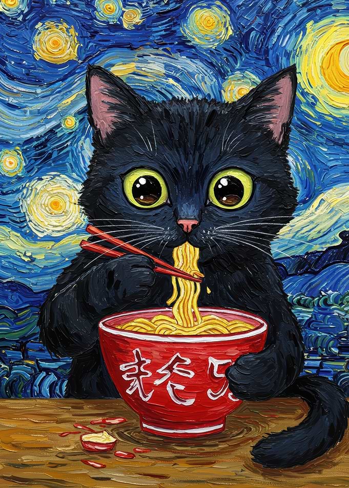 Black Cat Eating Ramen Van Gogh Style