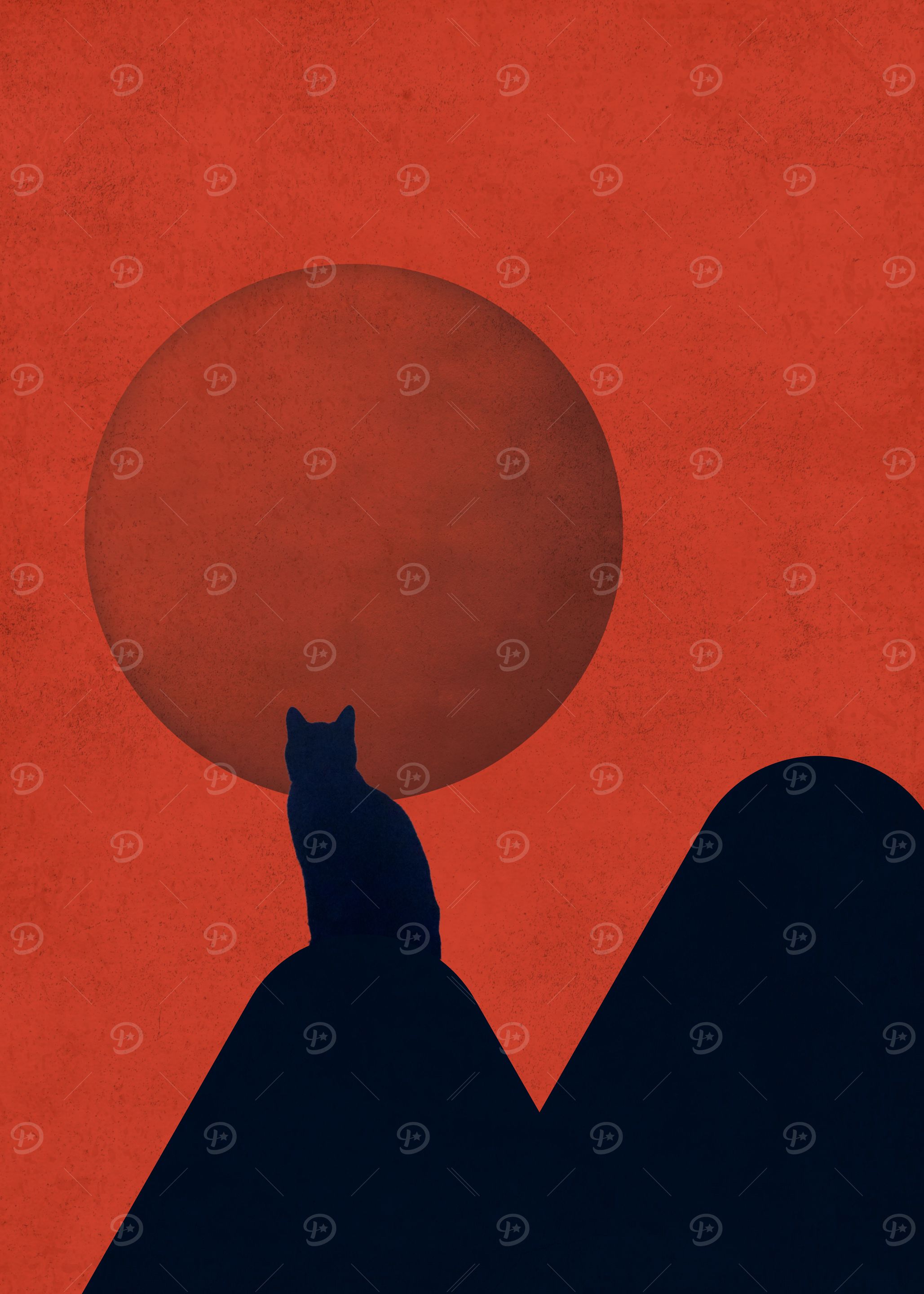 Cat Silhouette Under a Red Moon