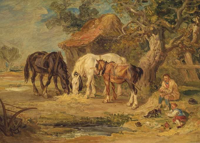 Horses Eating Hay in Rural Landscape