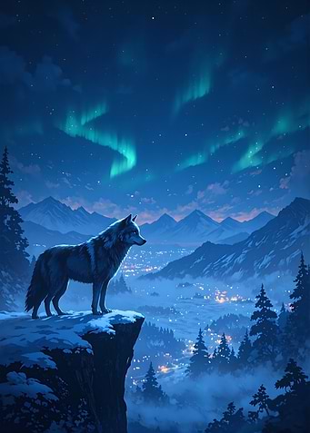 Wolf on Cliff Under Aurora Borealis