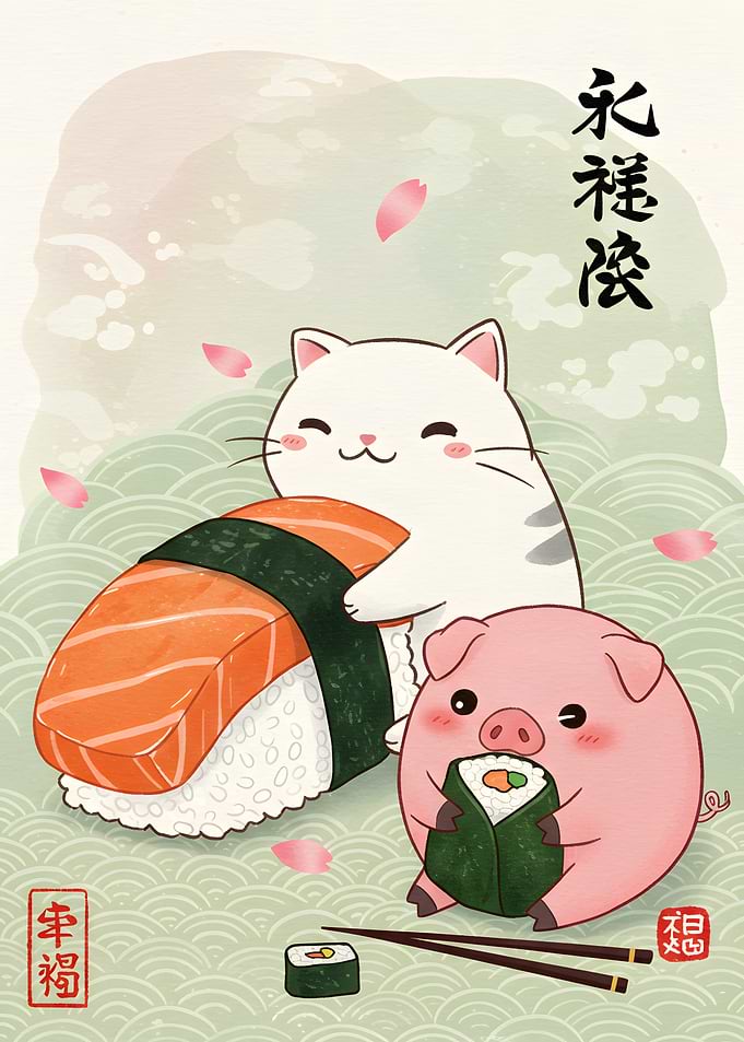 Sushi Feast with Cat and Pig