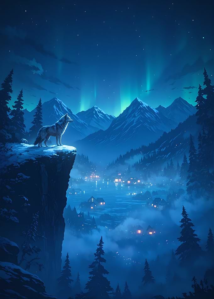 Wolf Standing on Clif in Aurora Borealis Night