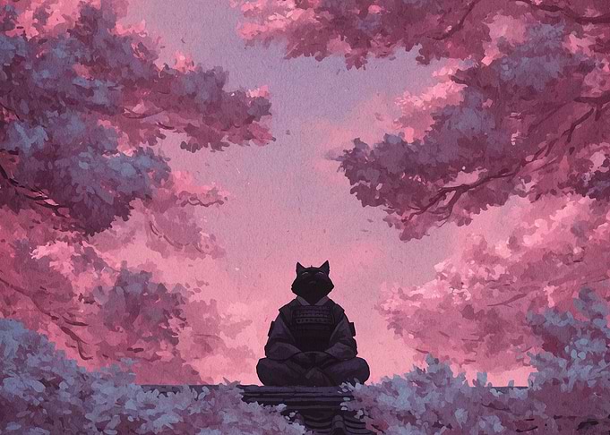 Samurai Cat in Pink Blossom Garden