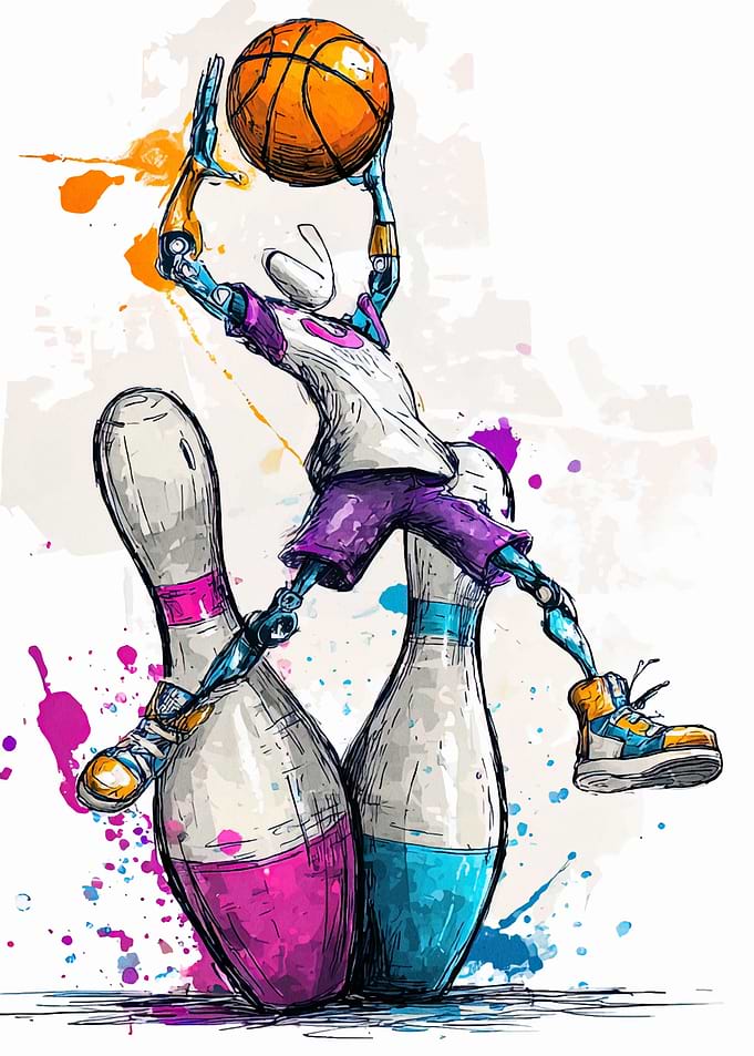 Robot Basketball Player on Bowling Pins