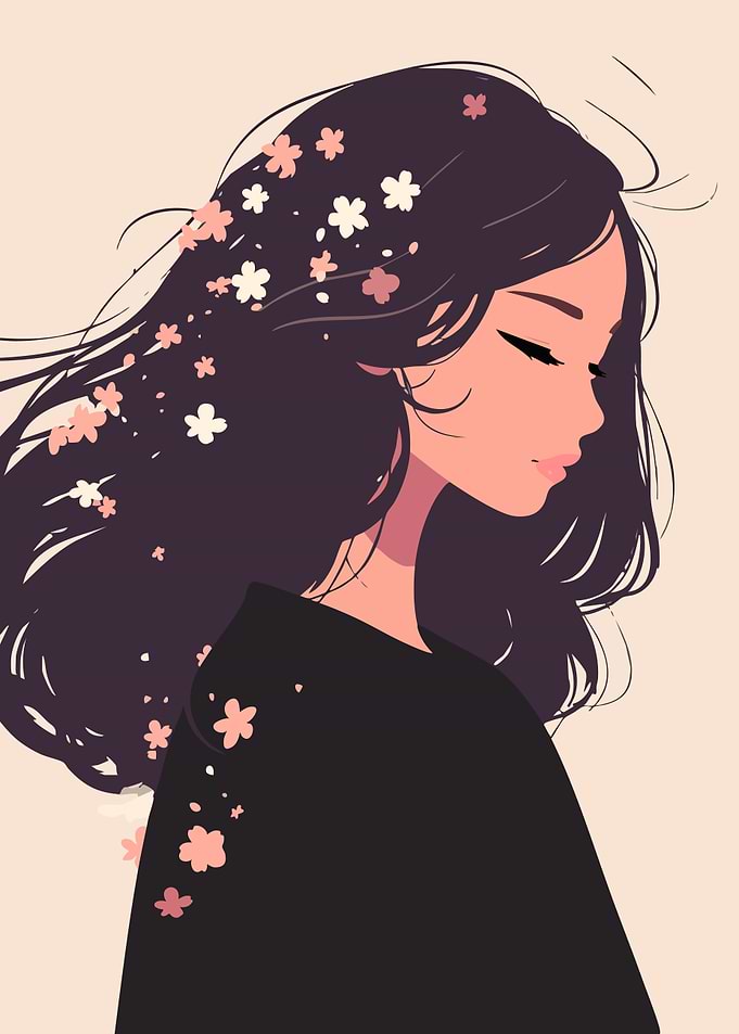 Girl with Sakura Flowers Minimalist Art Illustration
