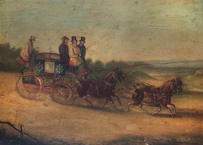 Horse-drawn carriage with passengers painting