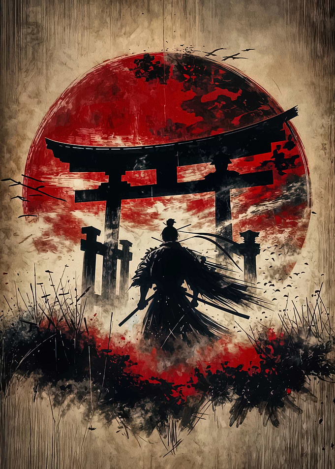 Samurai Silhouette with Torii Gate
