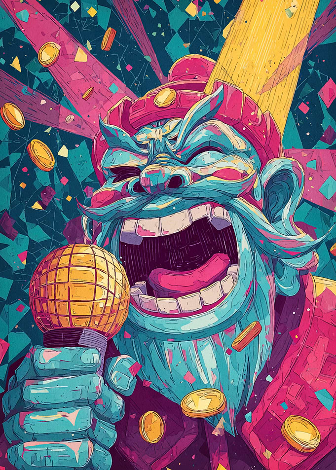 Singing Character with Microphone and Confetti