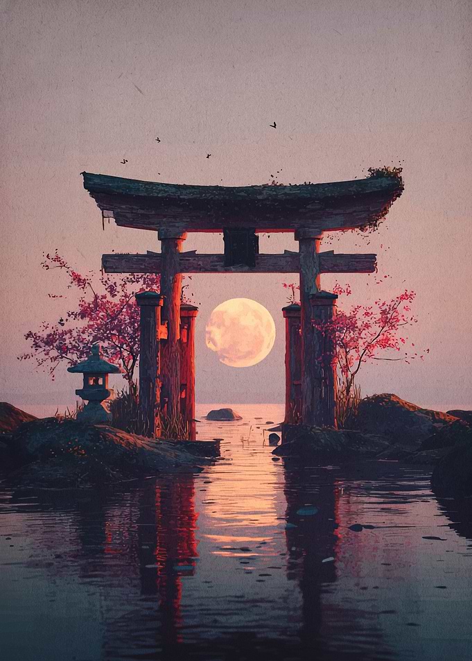 Japanese Torii Gate with Full Moon