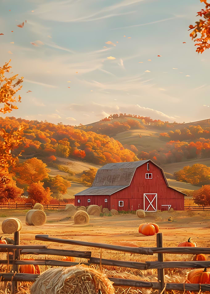 Autumn Barn Landscape with Pumpkins