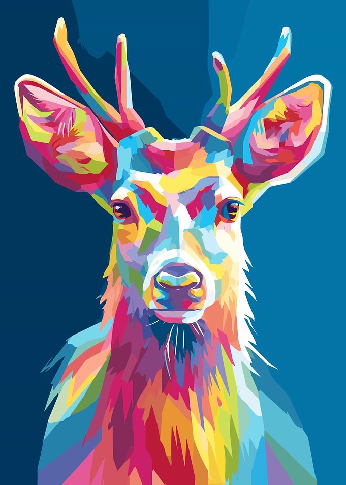 Colorful Deer Portrait on Blue Background