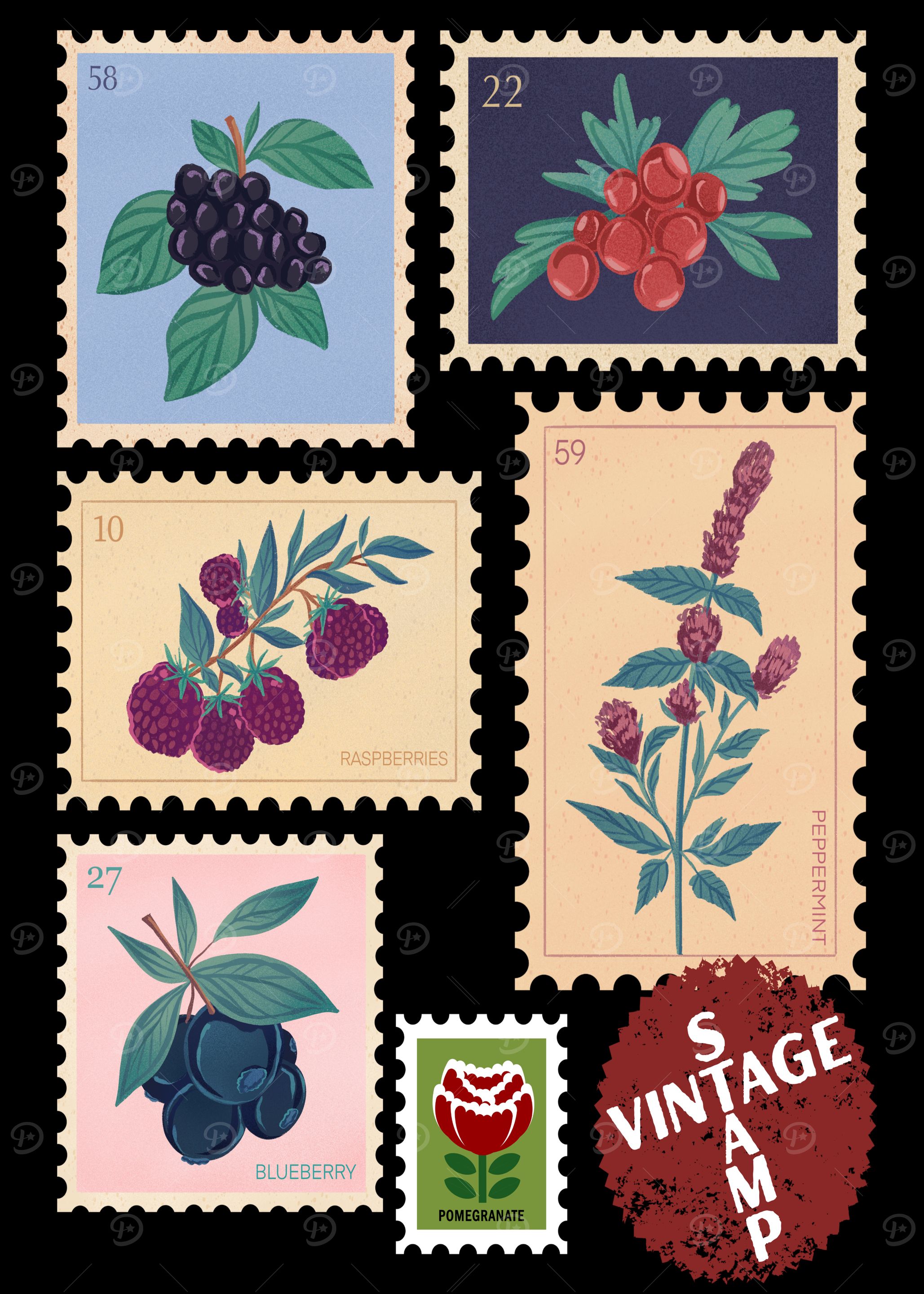 Vintage Fruit and Herb Stamp Collection