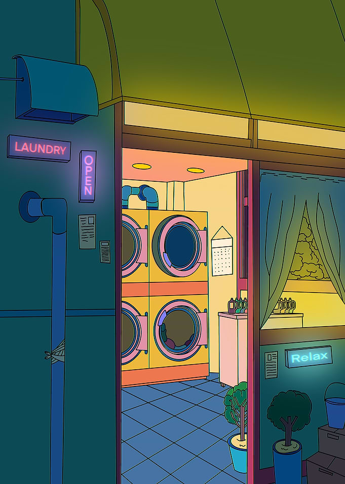 Cartoon Laundry Shop at Night