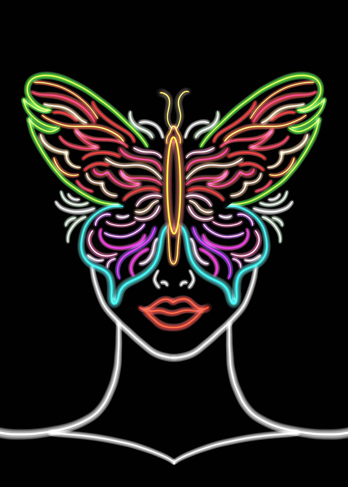 Neon Butterfly Mask Woman Portrait