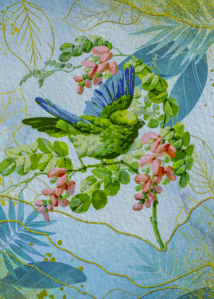 Green Bird with Pink Flowers Art