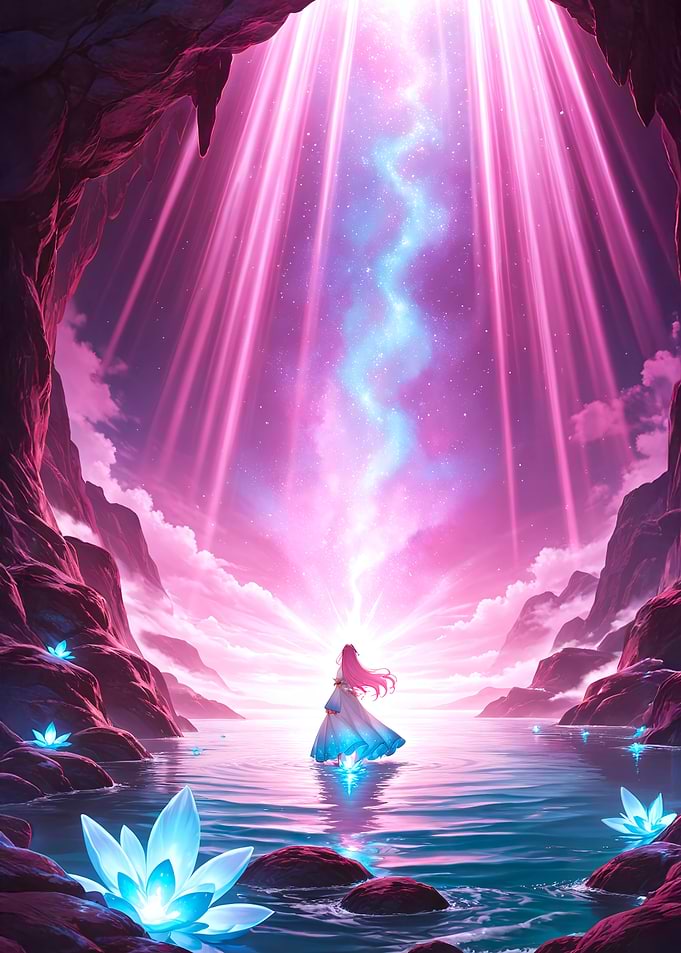 Mystical Cave with Woman and Light