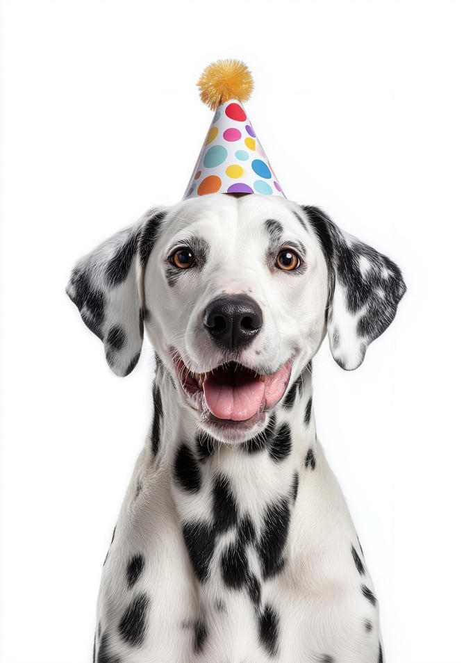 Dalmatian dog with party hat