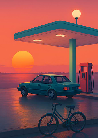 Sunset Gas Station with Car and Bike