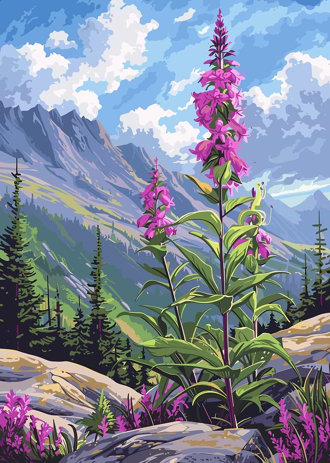 Mountain Landscape with Purple Flowers