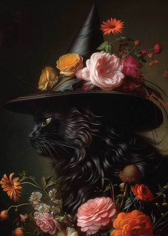Black Cat Witch with Floral Hat