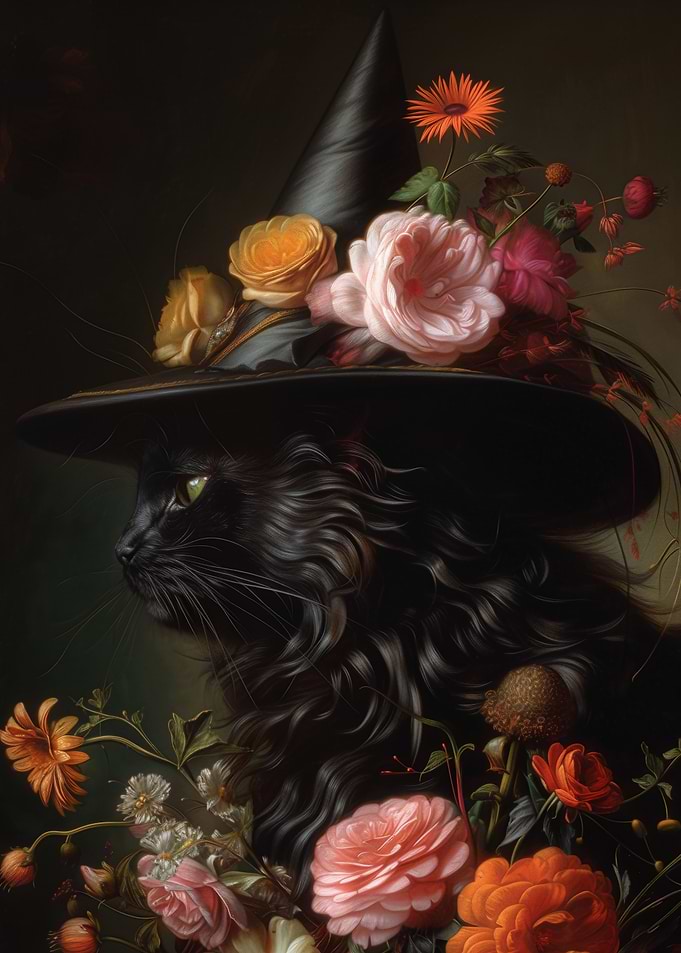 Black Cat Witch with Floral Hat