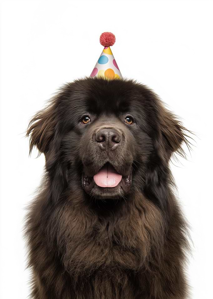 Brown Newfoundland Dog with Party Hat