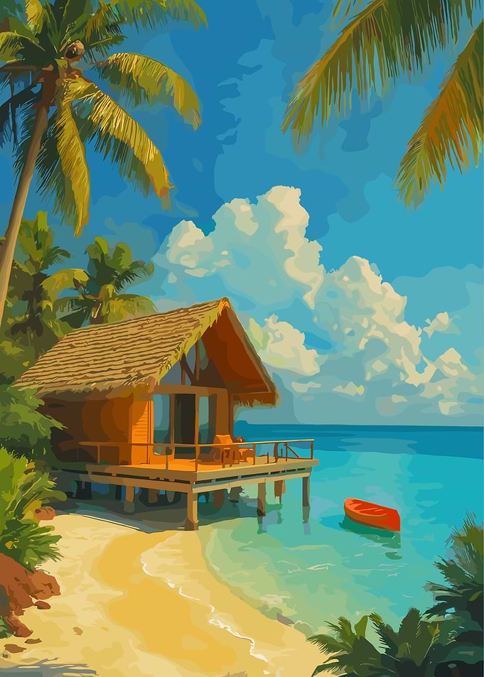 Tropical Beach Hut with Boat
