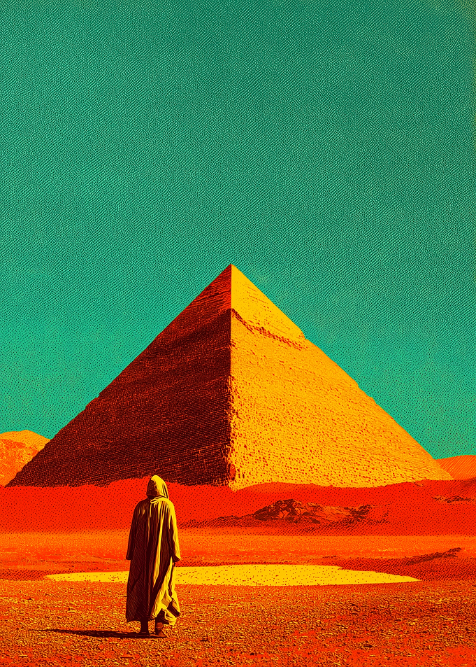 Pyramid and Figure in Desert Landscape