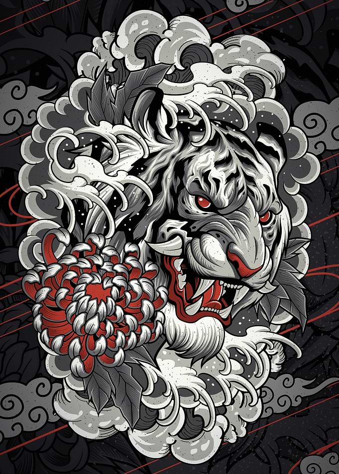 White Tiger with Chrysanthemum Illustration