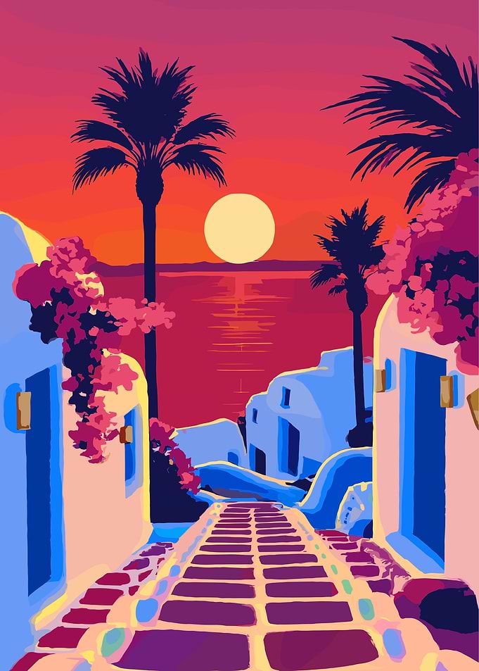 Santorini Sunset Illustration