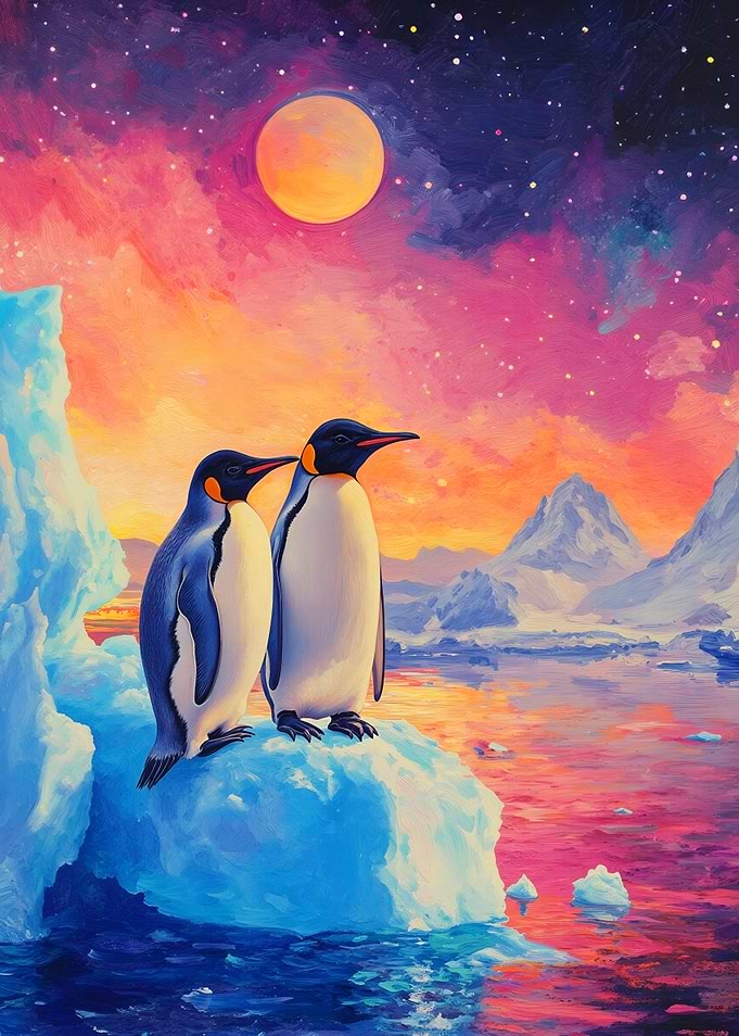 Penguins on Iceberg Under Colorful Sky