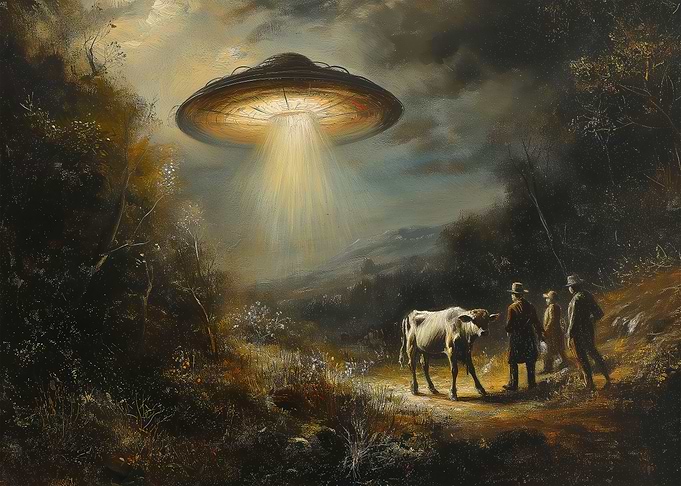 UFO over rural landscape with cows